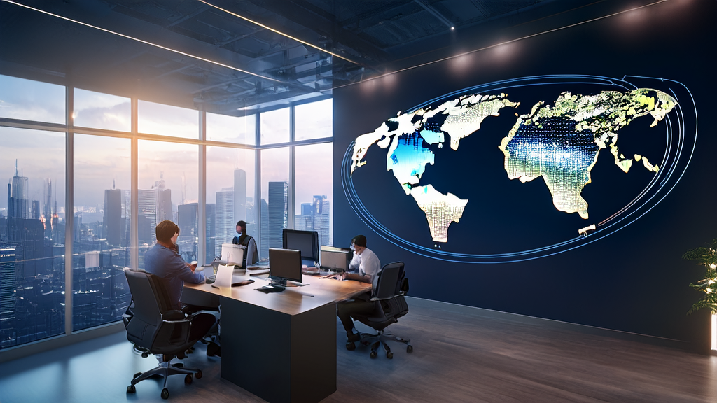 年轻创业者们在现代化办公室中讨论Wispr的AI驱动客户获取解决方案，背景是全球市场的全球地图。