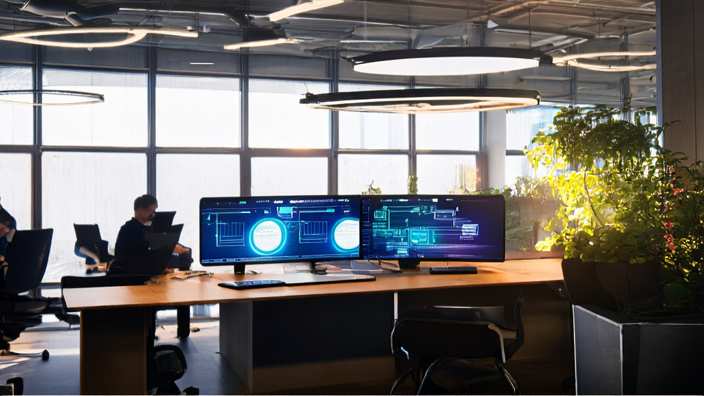 在充满科技感的办公室中，员工们使用AI邮件润色工具处理邮件，展示Replit AI Integrations的强大功能。