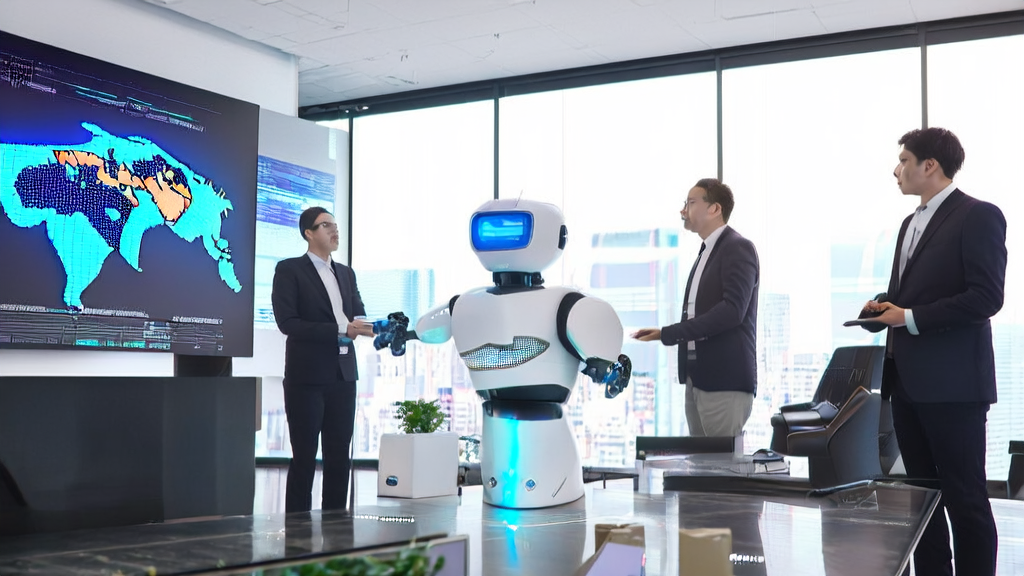 Employees of an export company interacting with a HuggingFace smart robot to explore AI-driven precise customer acquisition solutions