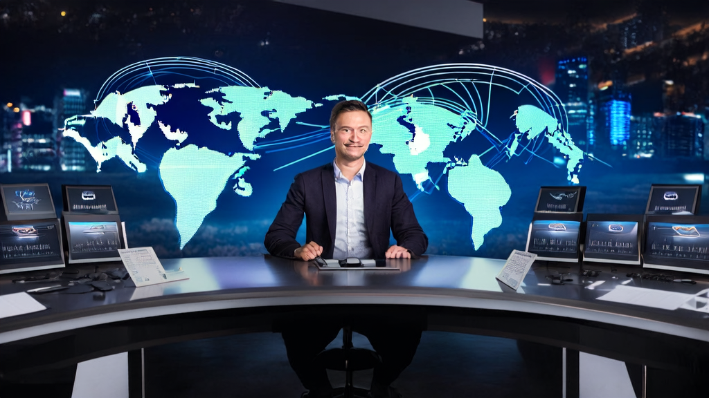 电商企业家在现代化办公室中利用AI技术进行个性化邮件营销，提升销售效率。