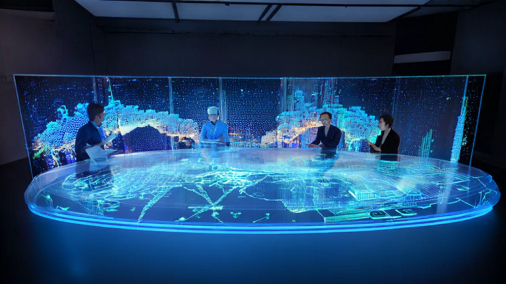 A futuristic office where a team uses AI technology to optimize email marketing and enhance cross-border e-commerce customer acquisition.