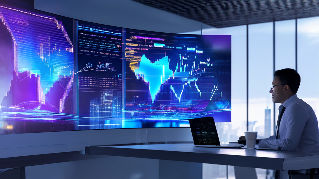 In a futurist-style office, a data analyst monitors the effectiveness of AI email marketing campaigns via a large display screen, with the city skyline in the background.