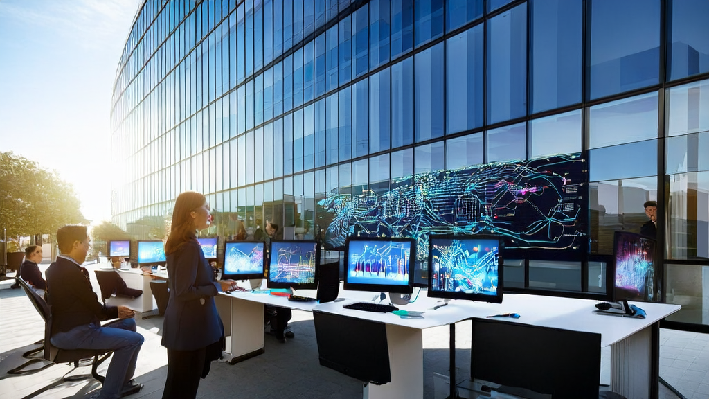 Inside a modern office building basked in sunlight, employees are optimizing email marketing strategies using AI technology to improve customer response rates and acquisition efficiency.