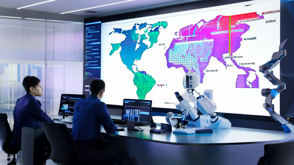外贸企业利用AI技术进行精准获客，员工在办公室中使用智能工具分析全球市场需求