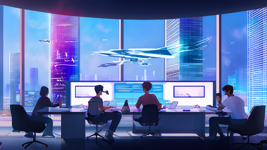 AI技术如何革新企业获客方式：现代化办公大楼内的创业者利用先进AI技术分析客户数据和生成个性化营销内容