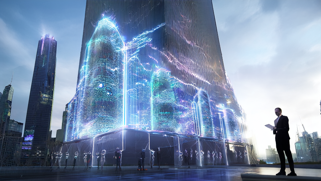 A futuristic city with an AI control tower displaying LinkedIn customer data streams and the Seed-Coder model interface
