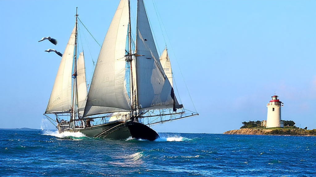 在广阔的大海上，帆船借助AI技术探索新市场，灯塔象征着希望与指引。