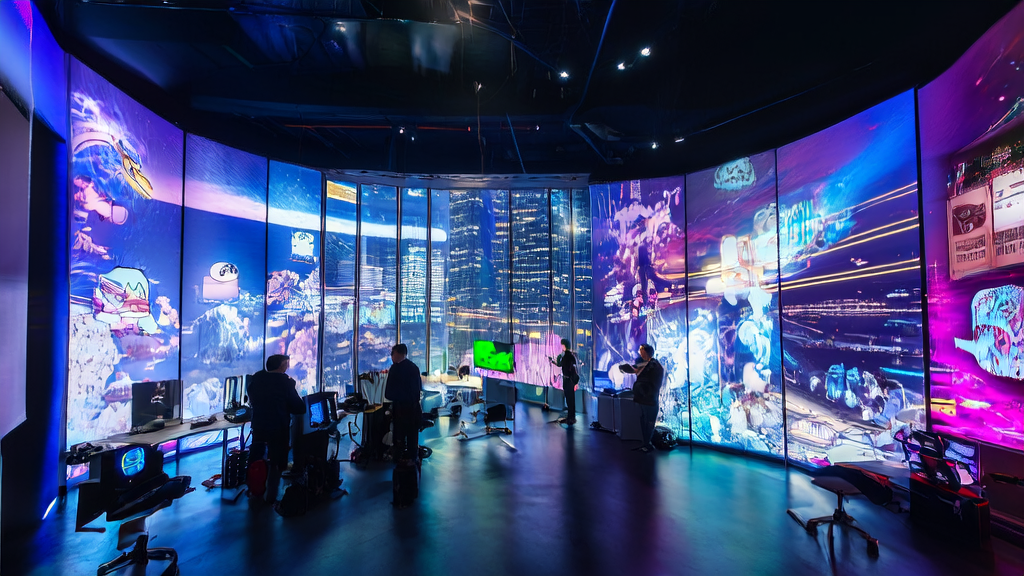 In a futuristic creative studio, people are using AI technology to create animations and explore new customer acquisition channels