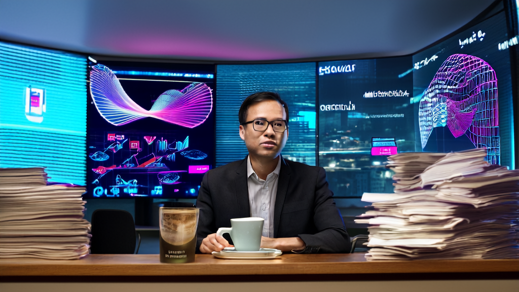 数据科学家在现代化办公室中利用AI客户预测模型分析跨境电商客户数据，背景展示英国有望在AI芯片市场扮演关键角色