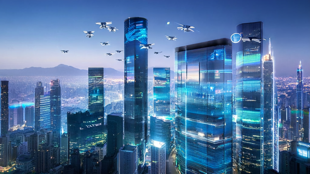 未来城市的高楼大厦中,一位创业者使用灵光AI助手分析全球市场动态,无人机穿梭递送包裹,展示AI技术在跨境电商中的应用。