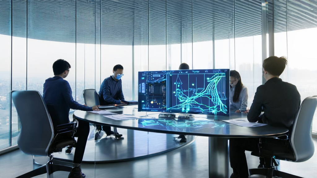 A modern office illuminated by sunlight, where team members are studying the Kimi K2 technology report to enhance email marketing strategies with AI.