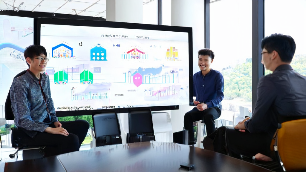 在阳光照耀下的现代化办公室中，营销人员使用昆仑万维天工智能体APP进行AI邮件营销，提高客户获客效率。