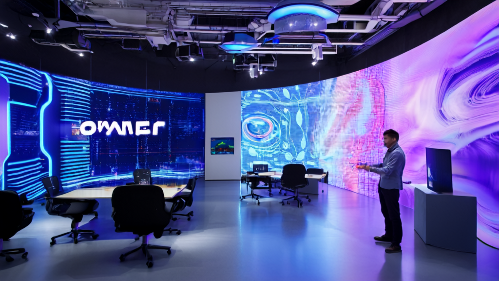 Futuristic e-commerce office where AI assistant Kimi optimizes customer acquisition and sales strategies