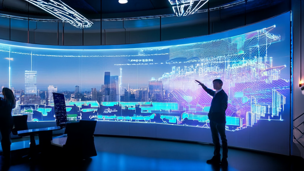 在充满科技感的办公室中，年轻创业者利用AI优化邮件营销提升外贸客户回复率