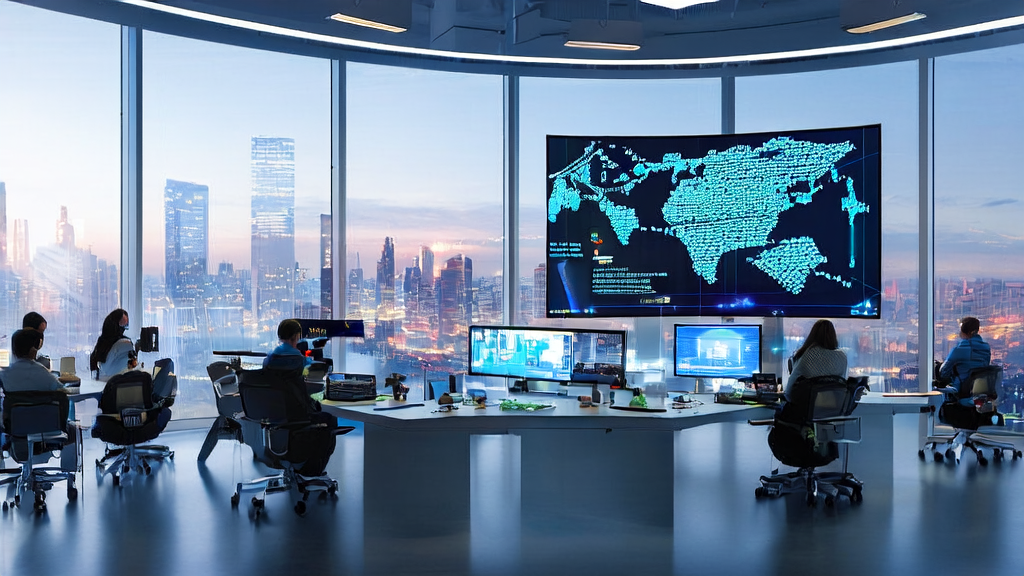A futuristic office where robots and human employees collaborate, showcasing the potential of AI-led customer acquisition in e-commerce sales