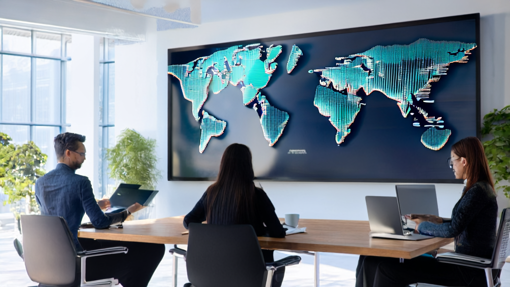 现代化办公室中员工使用AI生成文件进行外贸获客策略讨论