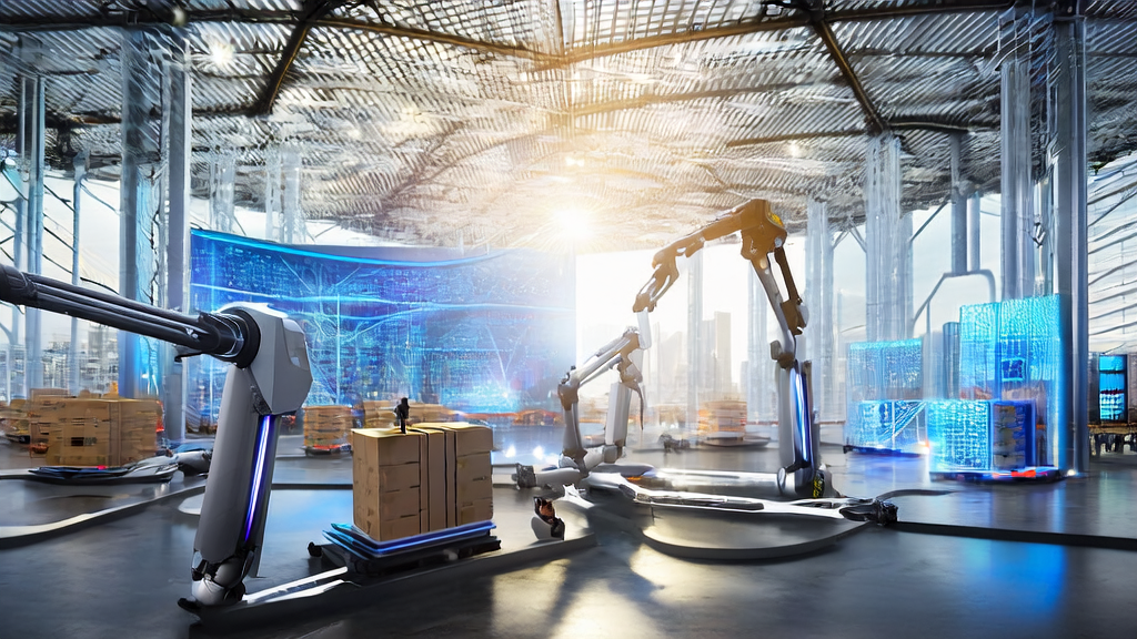 Optimus robots performing automated warehouse management in a modern logistics center in the Middle East, enhancing cross-border e-commerce efficiency.