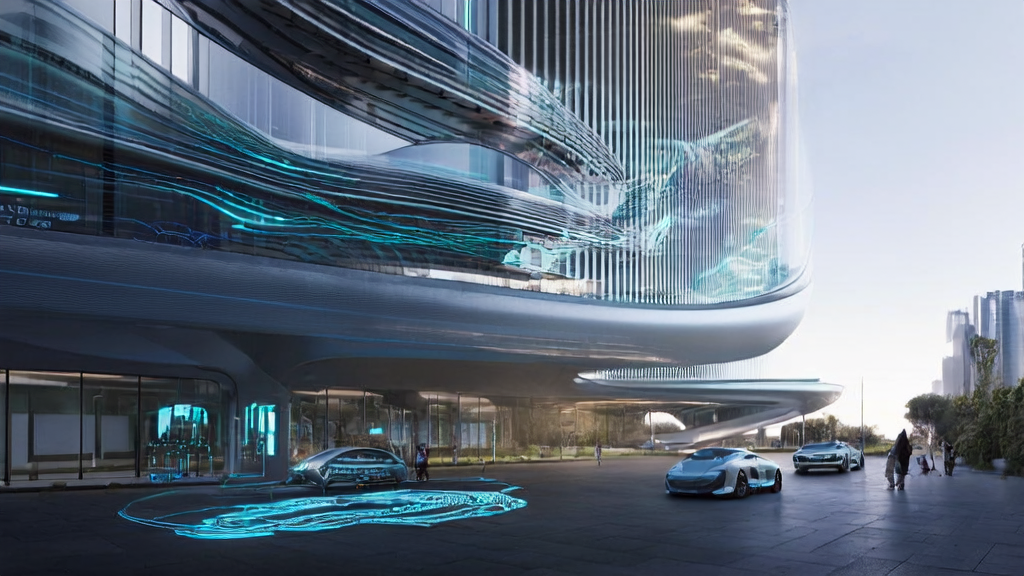 A modern office building in a futuristic city, with an entrepreneur holding a tablet displaying AI prediction model data, and self-driving cars navigating the streets