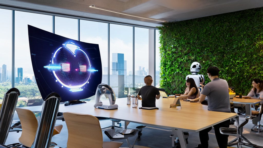 年轻团队在办公室中使用Vibemotion AI平台生成动态视频，展示智能营销自动化的应用场景。