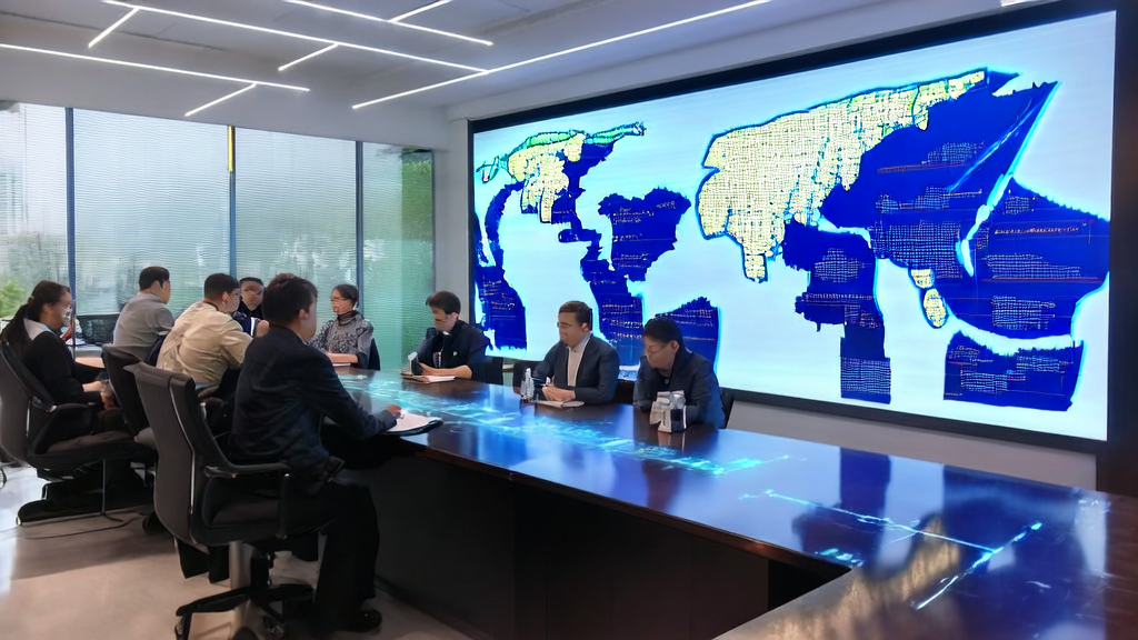 现代化办公室内，员工们使用智谱AI GLM-4.5进行外贸企业AI精准获客分析