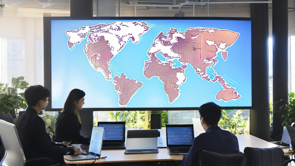 In a bright office, team members are using AI polishing tools to optimize international trade emails, enhancing professionalism and aiding global market expansion.