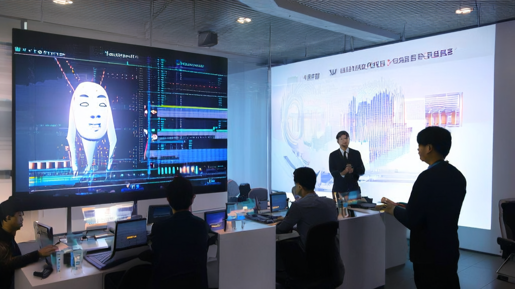展示AI客户数据采集和邮件营销策略的现代化办公室场景，包括Higgsfield的“Speak”功能生成的数字人视频。