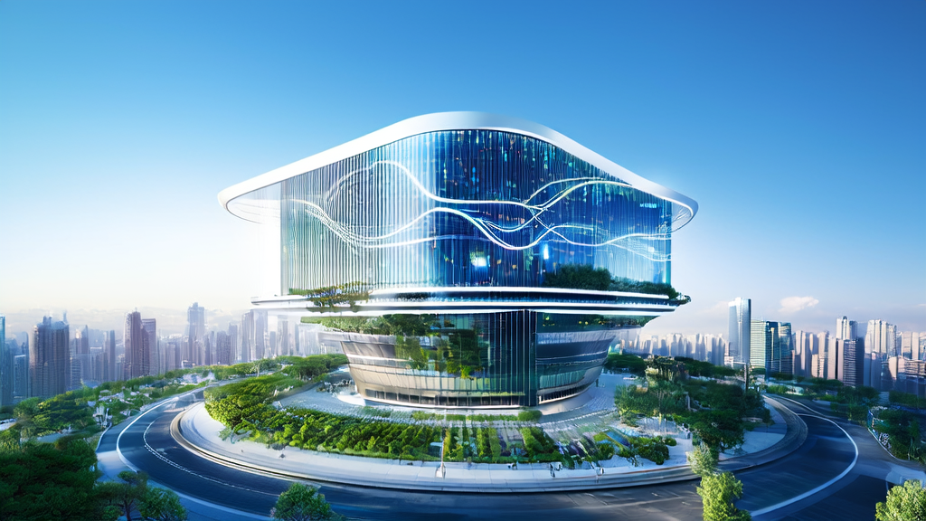 未来城市的独立站办公楼,楼顶配备AI智能设备,展示2025年AI技术助力搜索引擎流量暴增