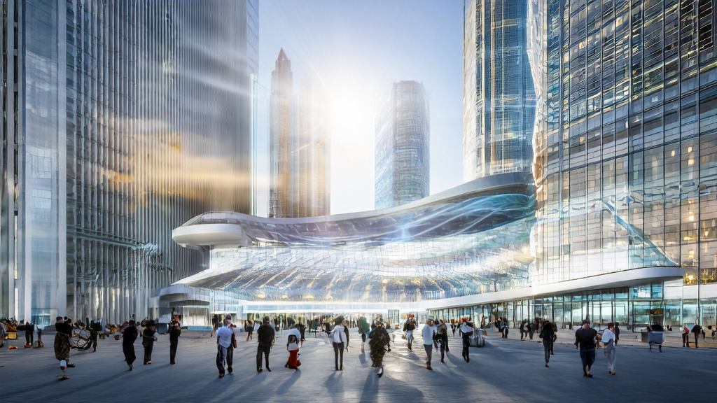 中东城市中的现代化办公大楼和AI实验室，展示AI技术在企业获客中的应用