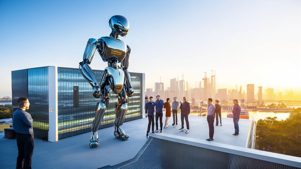 阳光下的现代化办公楼前，员工们讨论AI智能获客系统的应用，楼顶有一个巨大的AI机器人模型。