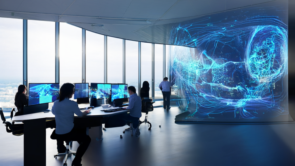 现代化办公室内的员工使用AI智能获客系统进行邮件营销分析