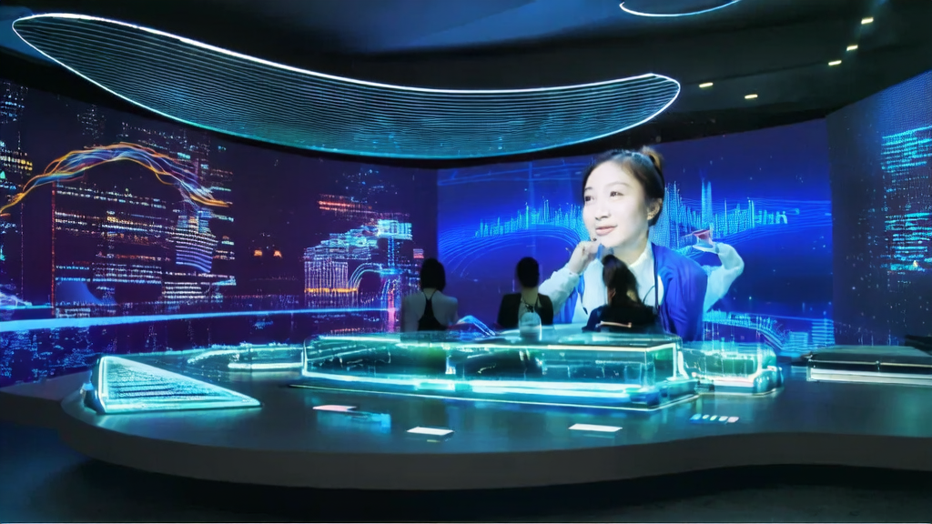 未来城市办公室内的女性工程师正在操作AI技术，实时监控跨境电商平台的流量变化，背景墙上有罗福莉的照片。