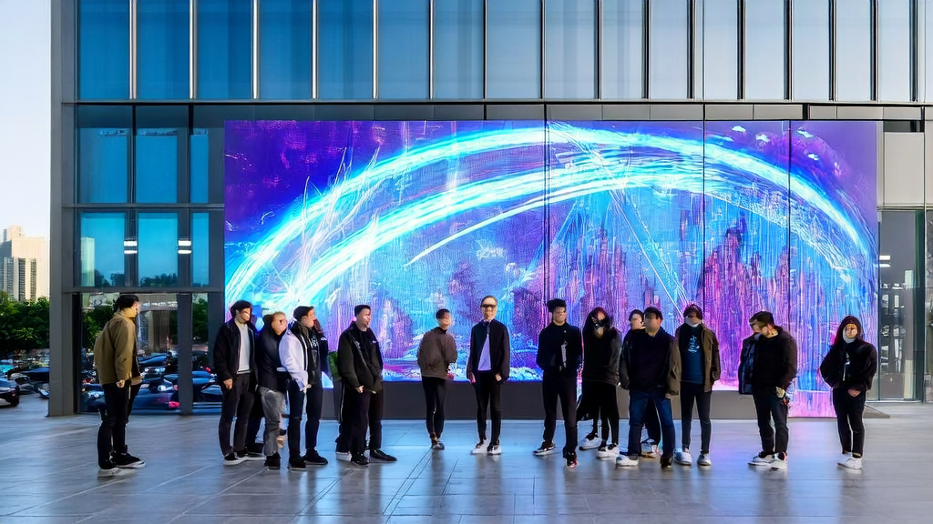 A group of people watching AI-optimized ads on a smart screen in front of a modern office building, with engineers working inside and a busy cityscape in the background