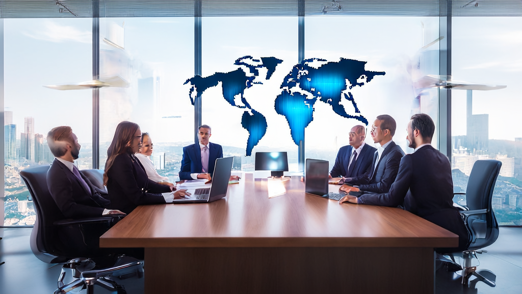 现代化办公室内的团队正利用AI技术进行外贸B2B获客，背景为城市天际线和全球地图。