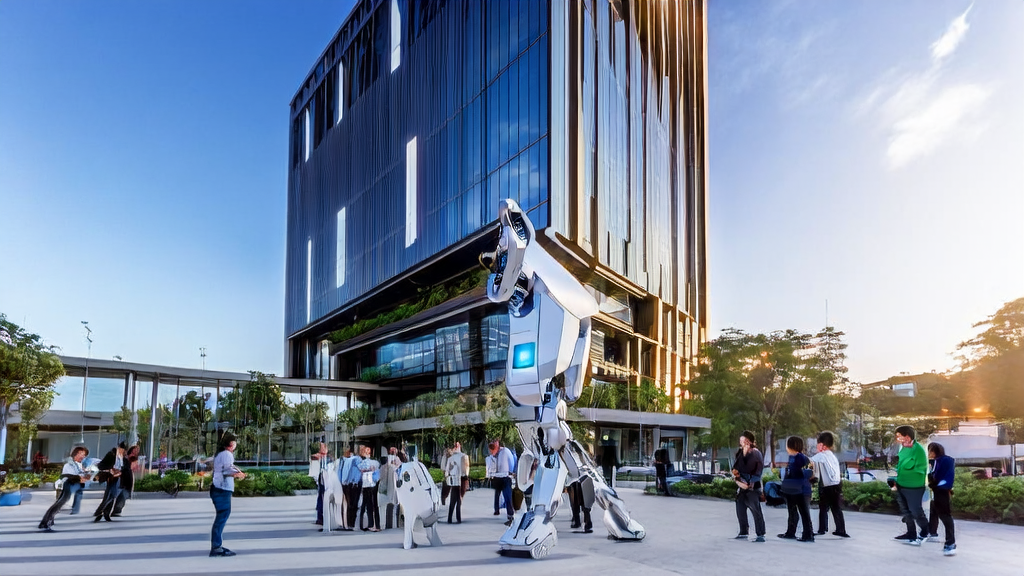 Young entrepreneurs discussing the future of cross-border commerce with an AI robot model in a modern office park