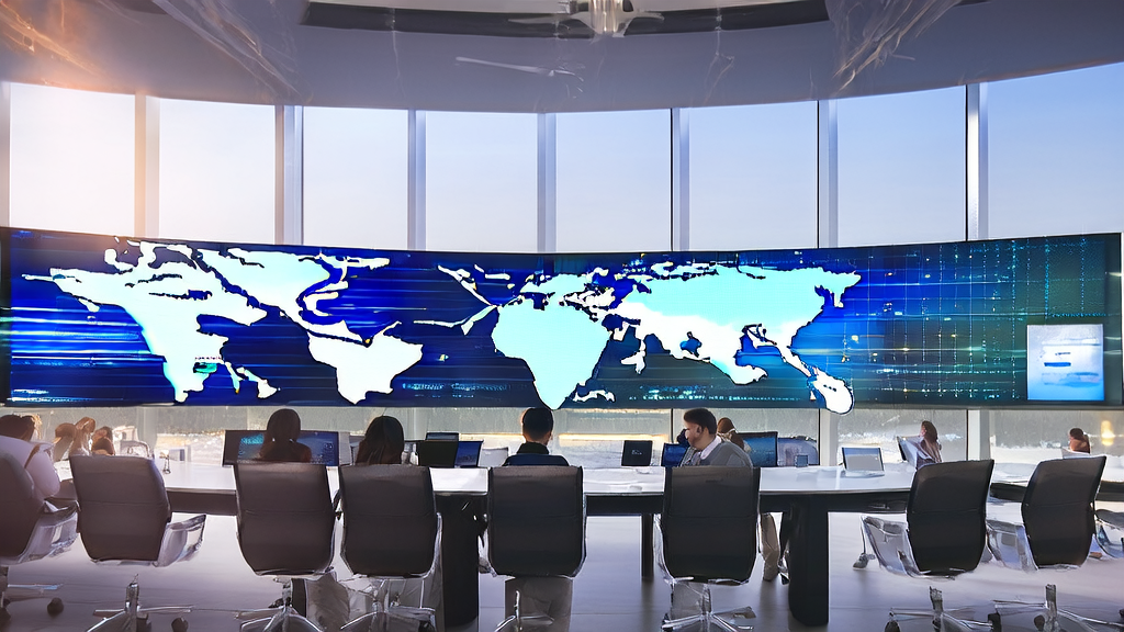 AI-powered cross-border commerce acquisition trends: Employees in a modern office using Alibaba Qwen's Deep Research tool for multi-modal content generation and customer data analysis.