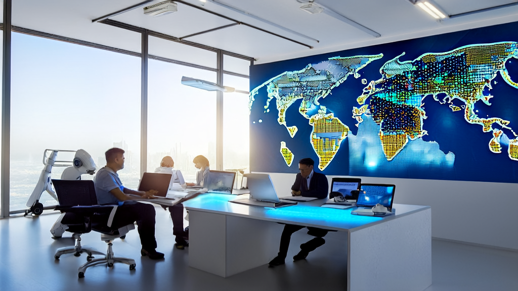 AI-powered cross-border e-commerce acquisition trends: showcasing employees in a modern office using AI technology for global market analysis and customer data processing.