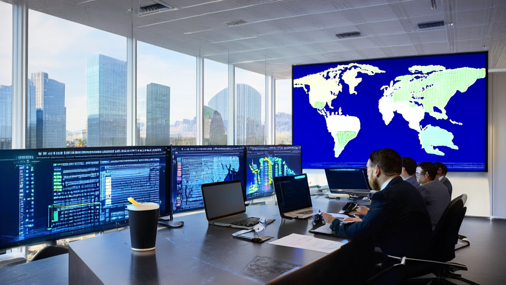 Data scientists discussing AI customer prediction models in a modern office with a city skyline backdrop