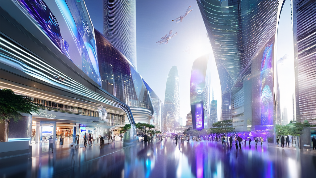 Entrance of a smart shopping center in a futuristic city, where an embodied AI robot provides personalized shopping assistance