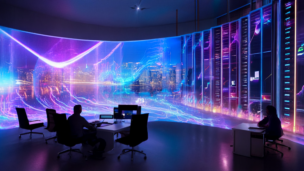 未来科技办公室中，数据科学家通过全息投影屏幕分析AI客户预测模型数据