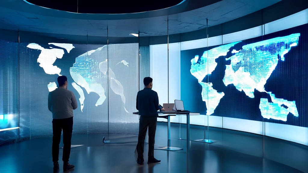 A futuristic office where entrepreneurs use AI technology to optimize cross-border eCommerce acquisition strategies