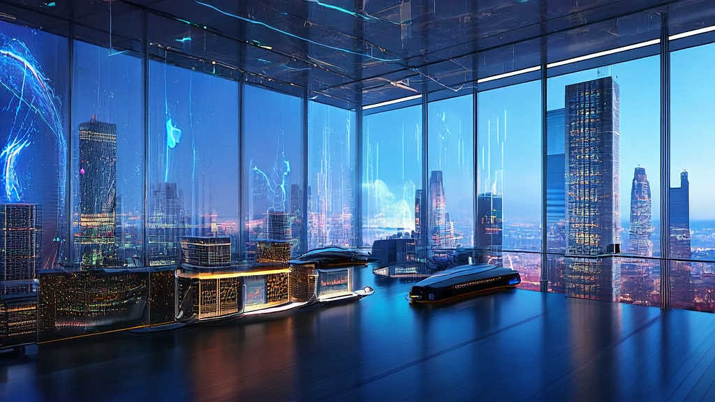 未来城市中的跨境电商办公室,AI服务器正在处理客户数据,团队成员通过智能设备监控和调整营销策略