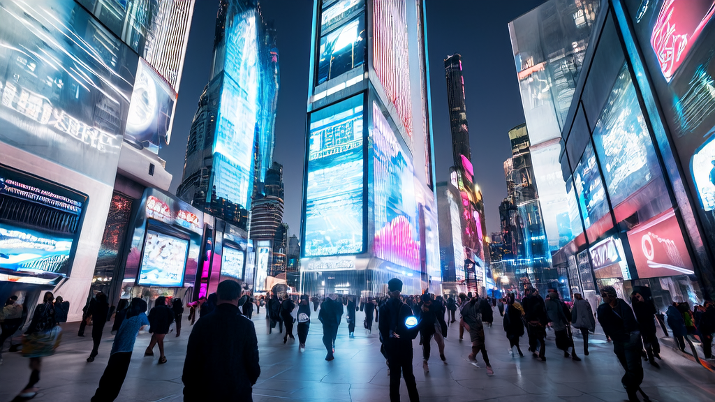 A futuristic city with smart billboards and self-driving cars showcasing how AI optimizes ad placement and enhances cross-border e-commerce customer acquisition
