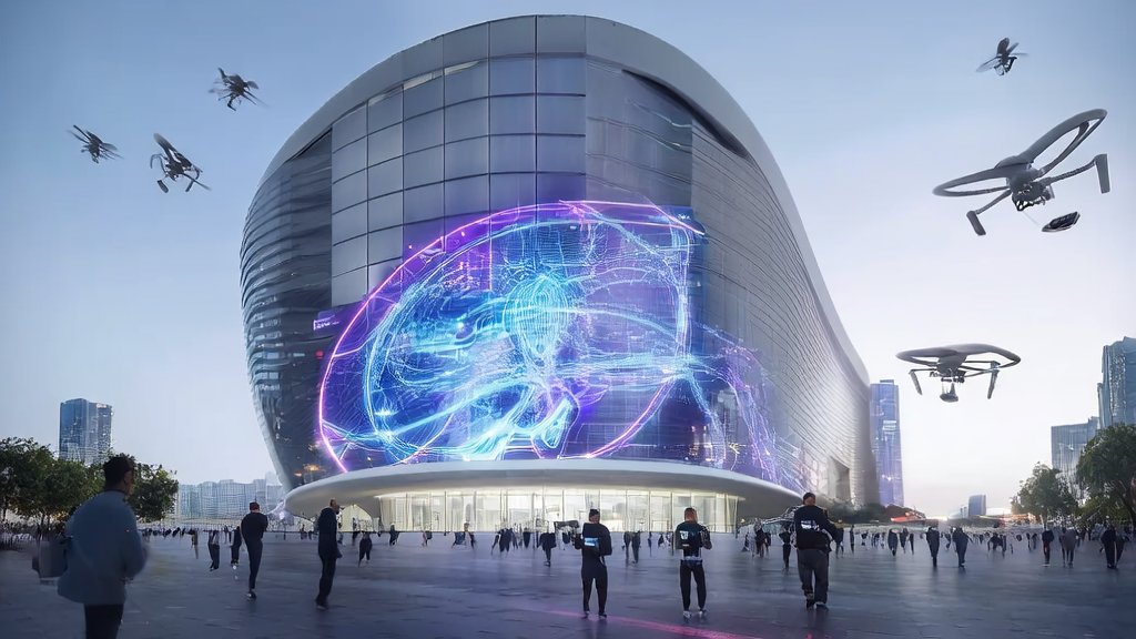 未来城市的高科技公司大楼前，展示AI赋能跨境电商获客新趋势的场景