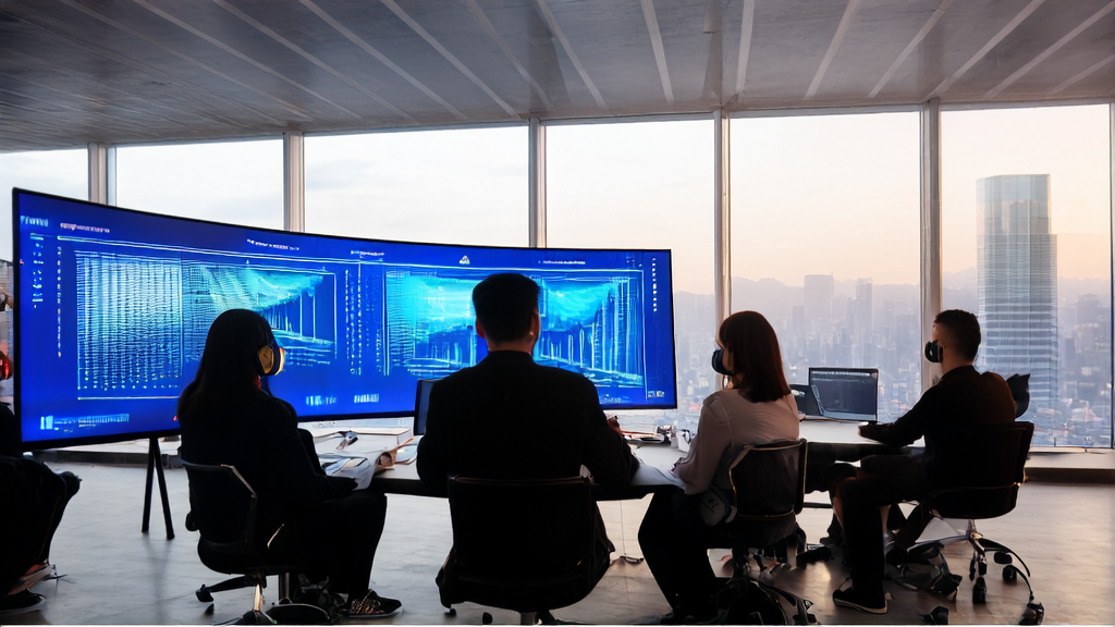 一群创业者在现代化办公室中使用AI技术进行精准获客，背景为英伟达和CentML标志，窗外是繁华城市景象。