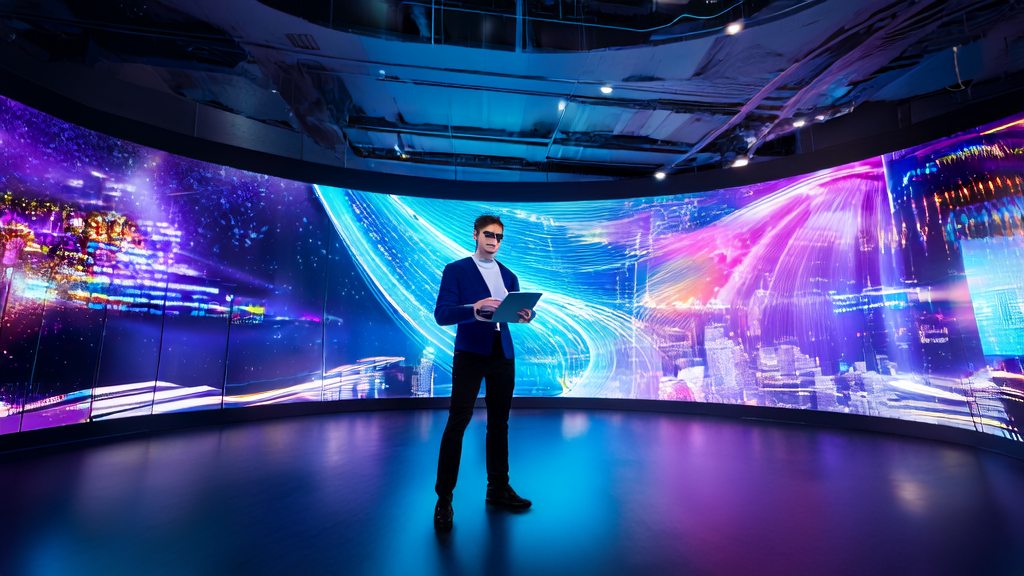 未来感办公室中的创业者使用AI智能获客系统进行高效客户获取