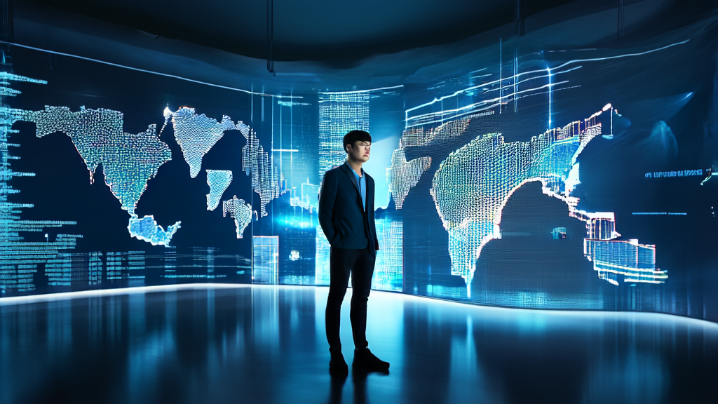 A futuristic cross-border commerce scene where AI technology helps entrepreneurs acquire customers efficiently and combat brand infringement