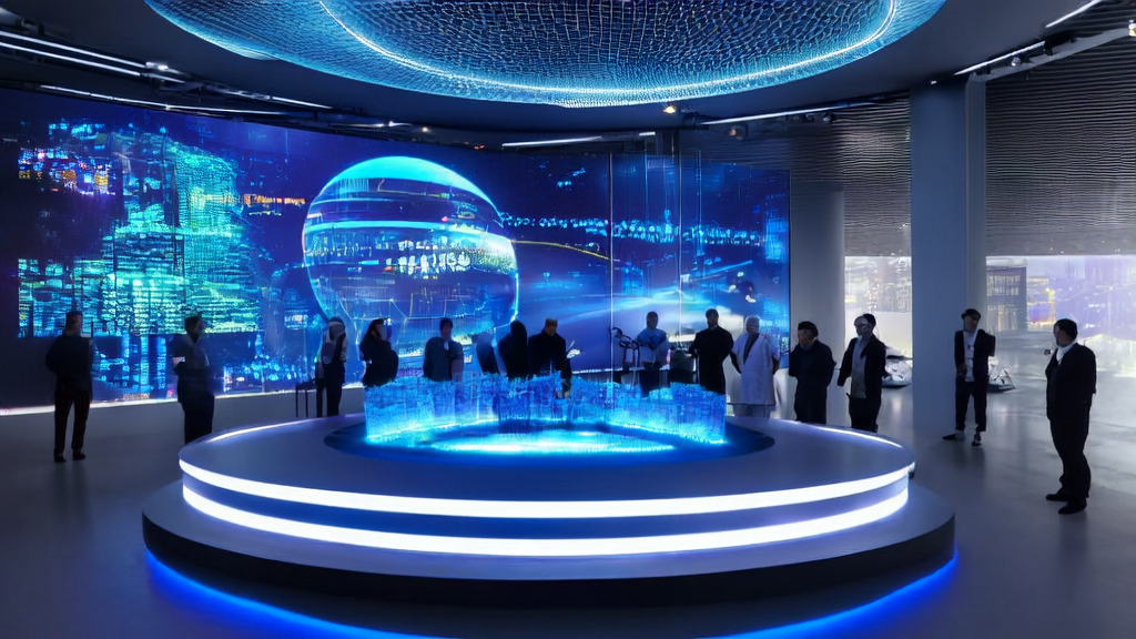 未来办公室中团队利用AI技术进行高效协作和创意风暴,实现跨境电商精准获客