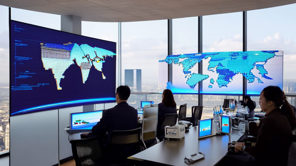 现代化外贸企业办公室中，员工们利用AI客户预测模型进行数据分析，背景为全球地图，桌上有小米具身大模型MiMo-Embodied的迷你模型。