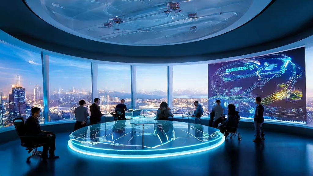 In a futuristic office, young entrepreneurs are discussing AI-powered customer acquisition strategies for cross-border e-commerce, surrounded by high-tech equipment and data analysis charts.