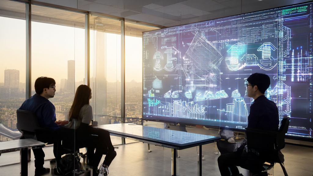 A group of entrepreneurs discussing an AI-powered customer acquisition system in an office with a cityscape background